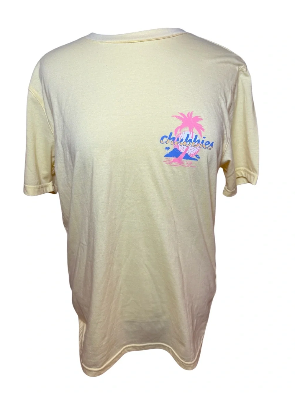 Chubbies Yellow Short Sleeve Tee with Pink & Blue Palm Tree and Golf Logo-Size M